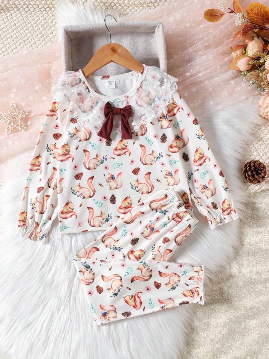 SHEIN Young Girl Cartoon Graphic Contrast Embroidery Mesh Bow Front PJ Set - Multicolor - View 1