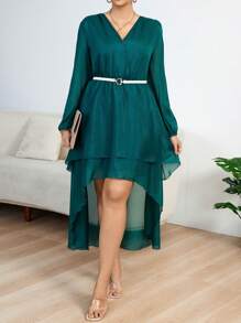 Celure Plus Size Solid Color V-Neck Asymmetrical Hem Fashionable Dress - Dark Green - View 1
