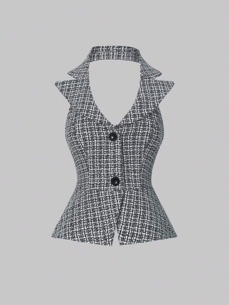 Women Thick Plaid Sleeveless Overcoat With Cinched Waist