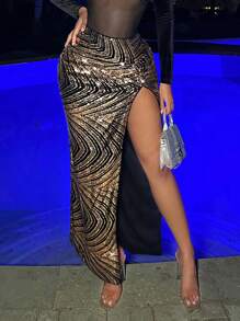 SHEIN SXY Women'S Sexy Party Champagne Tulle Jacquard Sequin Skirt With High-Low Hem And Side Slit - Multicolor - View 4