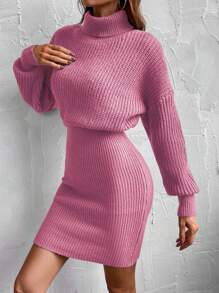 SHEIN Frenchy 純色高領下垂袖毛衣連衣裙 - 珊瑚粉 - 查看 4