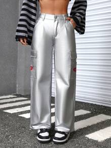 SHEIN PETITE Faux Leather Jeans For Short People - Silver - View 1