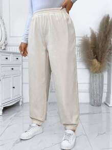 Calvaya Plus Size Solid Color Elastic Waist Ankle-length Pants - Apricot - View 3