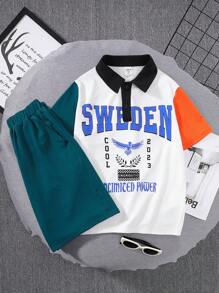 SHEIN Tween Boys' Two-Piece Set Of Contrasting Pattern Lapel Polo Shirt And Shorts