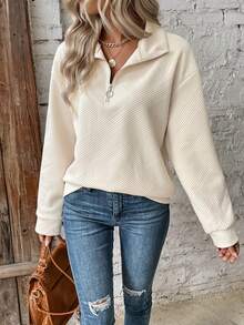 SHEIN LUNE Zipper Half Placket Drop Shoulder Sleeve Sweatshirt - Apricot - View 5