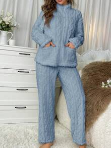 女士藍色連帽長袖長褲家居服套裝 - 藍色 - 查看 4