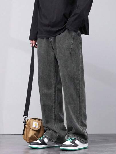 男士斜口袋直筒牛仔褲