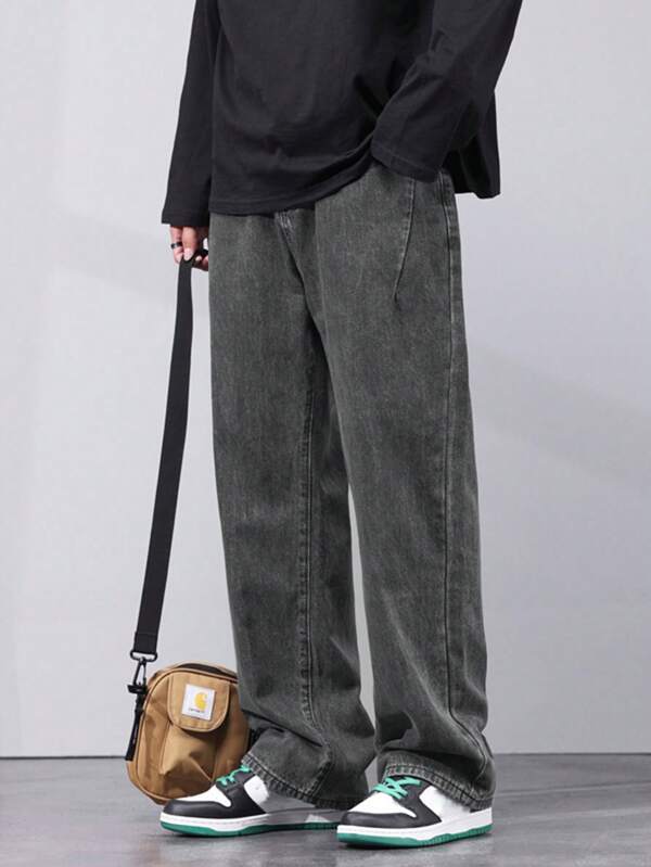 男士斜口袋直筒牛仔褲