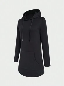 SHEIN LUNE 女款純色帶束口連帽服裝連衣裙 - 黑色 - 查看 6