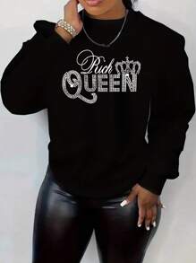 SHEIN EZwear 女裝字母印花毛絨衛衣,大尺碼 - 黑色 - 查看 1