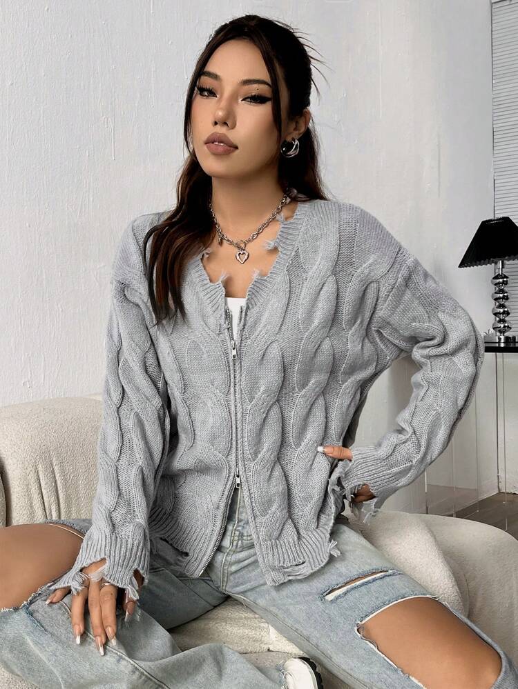 Women's Solid Oversized Zip Front Cardigan With Drop Shoulder Fall Cloth For Women