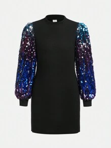 SHEIN 青少女時尚酷炫的拼接亮片刺繡長袖連衣裙 - 藍色 - 查看 1