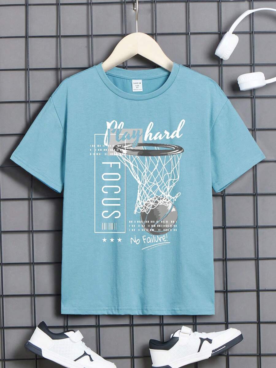 SHEIN Tween Boy Casual Short Sleeve Round Neck T-Shirt, Suitable For Summer - Baby Blue - View 1