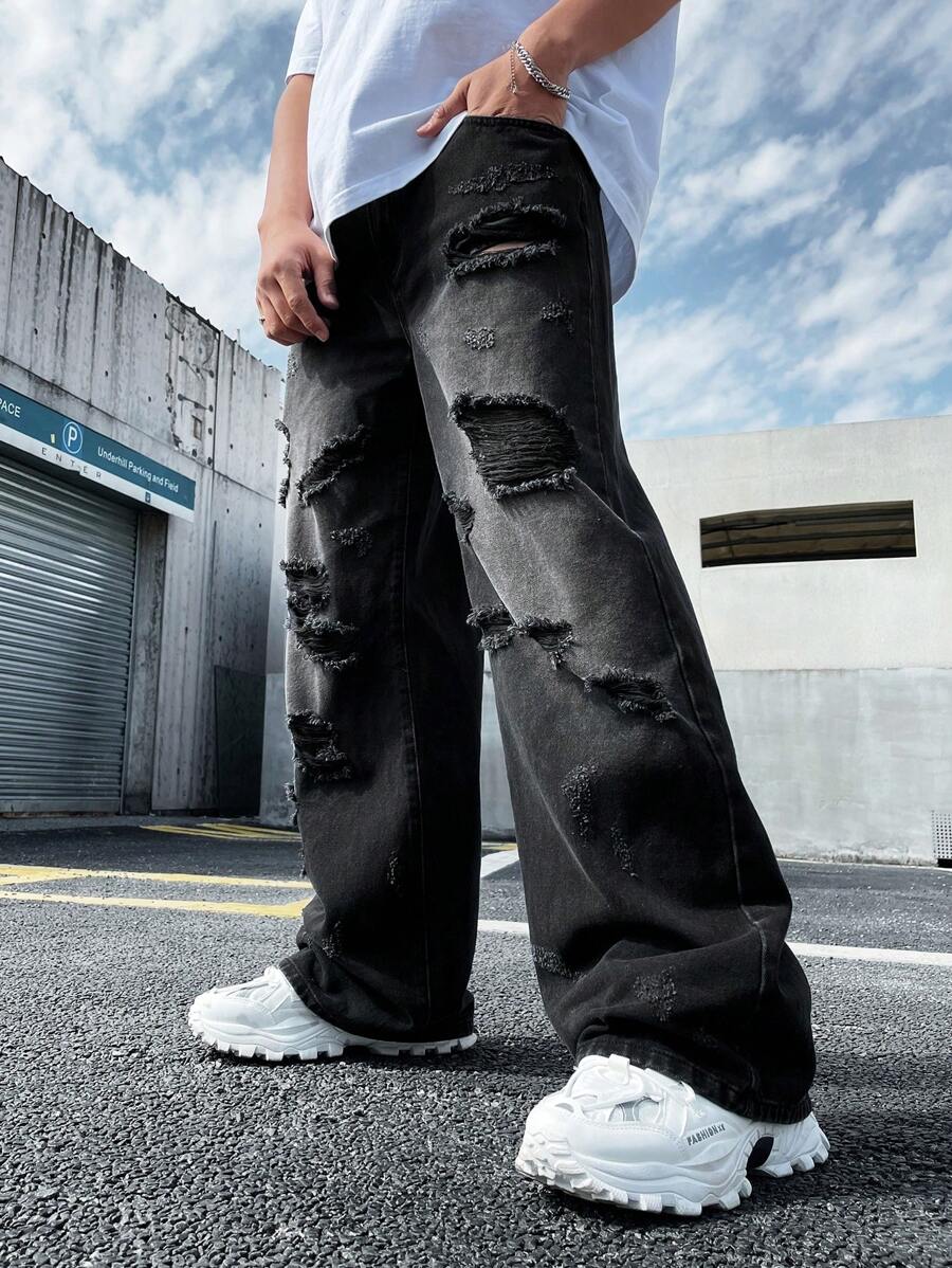 Manfinity Roghcode 男式休闲做旧洗水直筒牛仔裤 - 灰色 - 查看 1