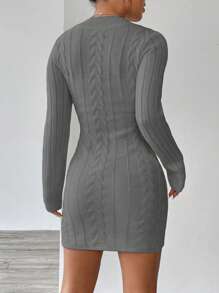 SHEIN Unity Tight And Versatile V-neck Cable Knit Sweater Dress - Grey - View 2