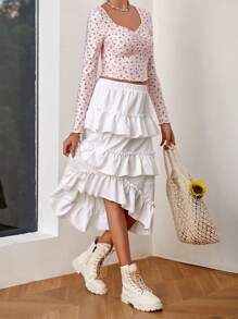 Soleia 女性純色多層鬆緊不對稱裙襬 - 白色 - 查看 5