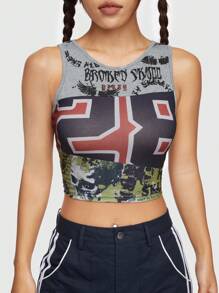 ROMWE Street Life Women's Street Style Skull, Wing, Slogan And Number Print Tank Top For Summer - Grey - View 2