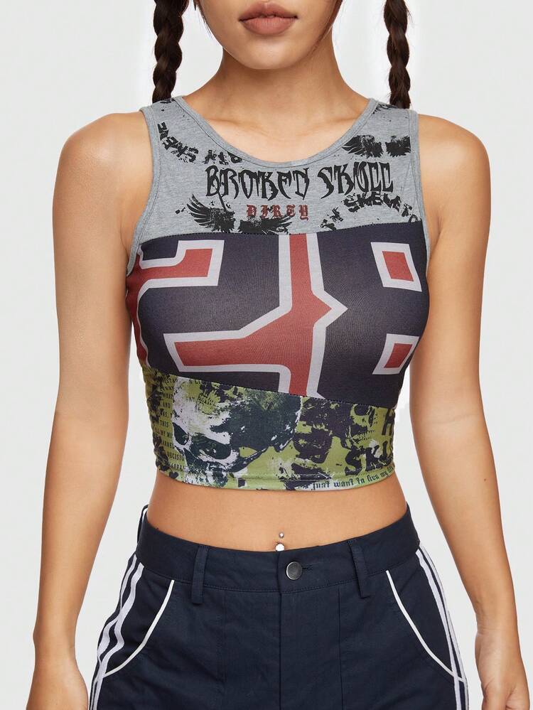 Women's Street Style Skull, Wing, Slogan And Number Print Tank Top For Summer