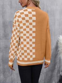SHEIN LUNE 棋盘格拼接落肩针织套头衫秋冬毛衣 - 駝色 - 查看 2