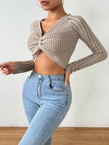 SHEIN Unity Ladies' Hollow Out Knitted Cropped Pullover Sweater Fall Winter - Camel - View 3