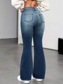 SHEIN ICON High Waist Boot Cut Jeans With Washed Effect - Blue - View 2