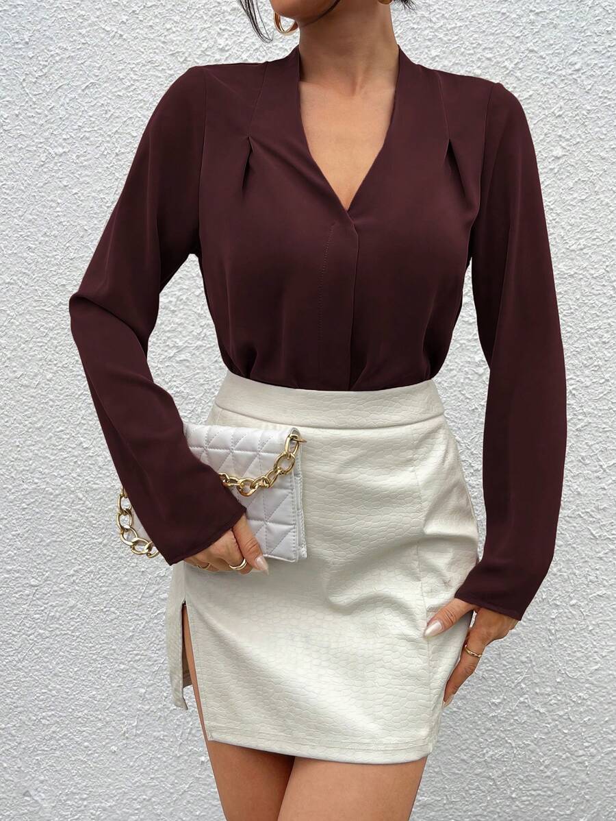 BizChic Fold Pleated Solid Top - Coffee Brown - View 1