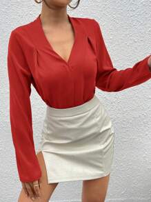 SHEIN Essnce Fold Pleated Back Solid Top Workwear - Red - View 4