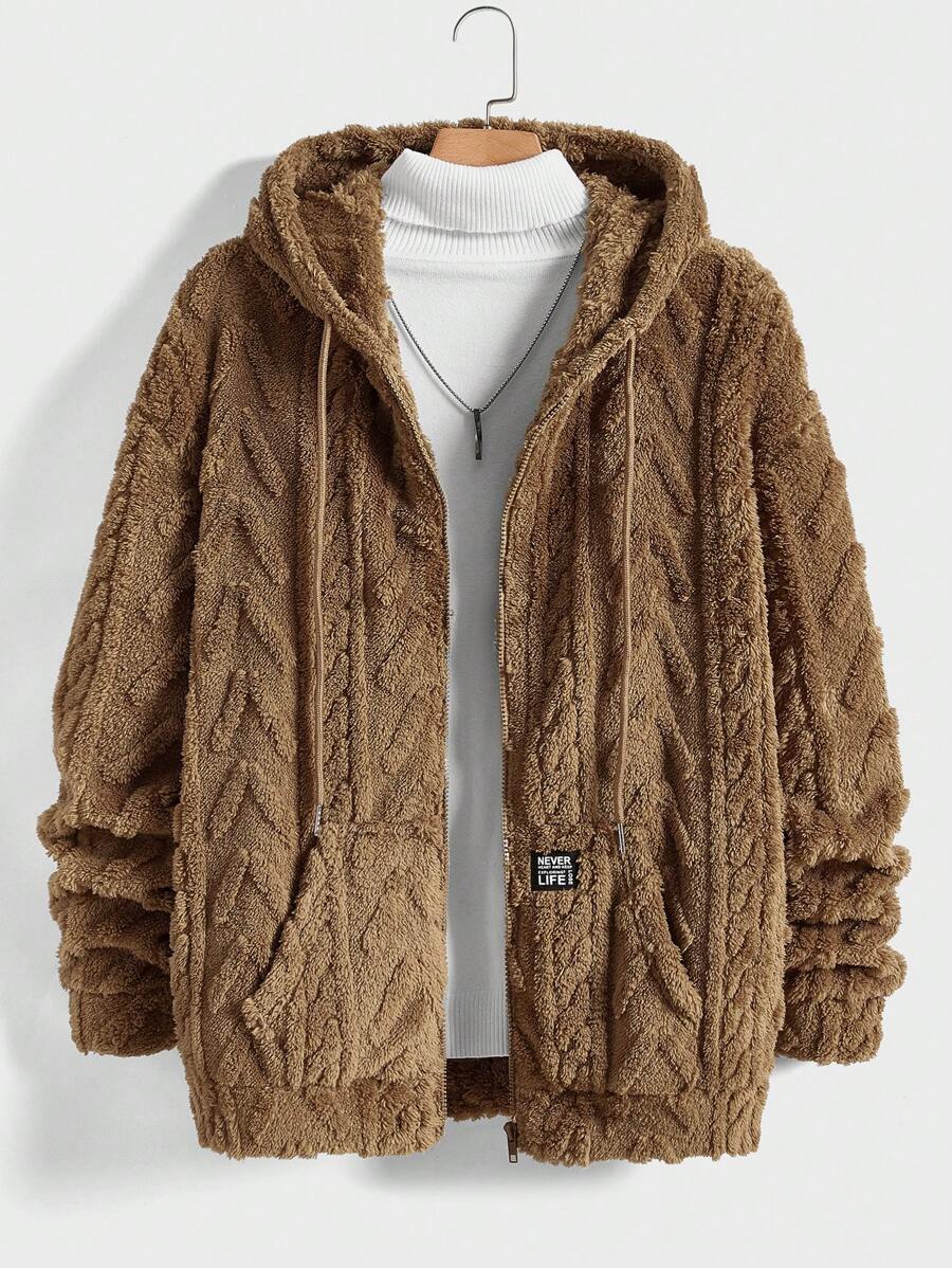 GENTILAND Loose Fit Men's Knitted Casual Hooded Jacket With Letter Patch And Plush Lining - Coffee Brown - View 1