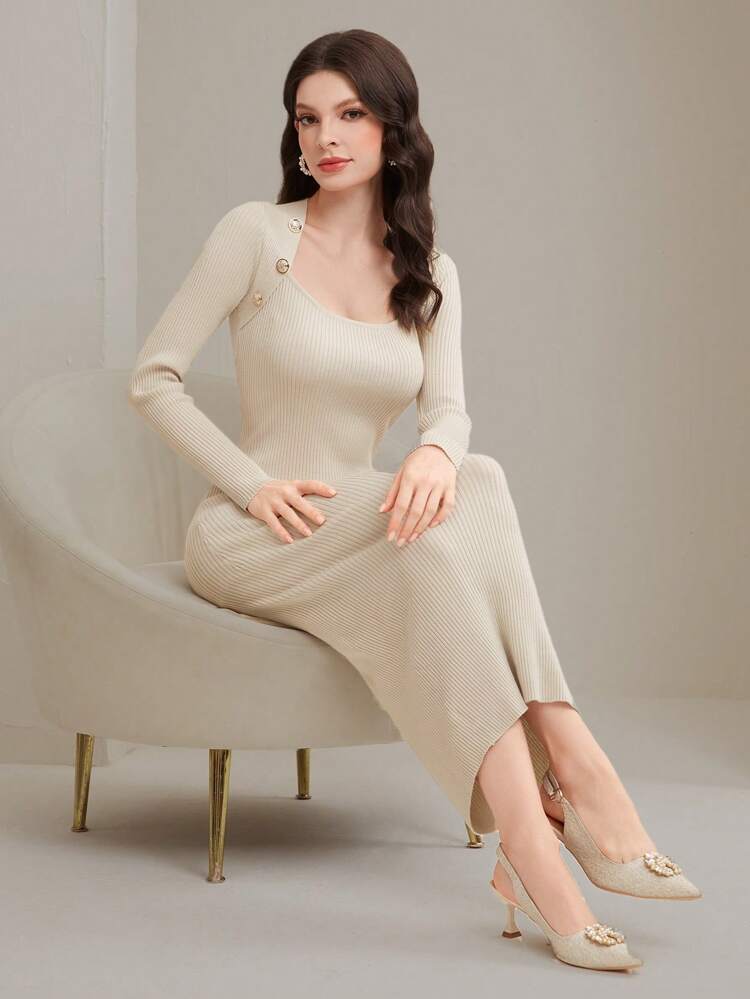 Button Decorated Bodycon Sweater Dress, Elegant Style
