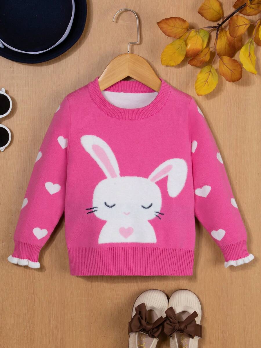 SHEIN 女童兔子和心形圖案毛衣 - 玫紅色 - 查看 1
