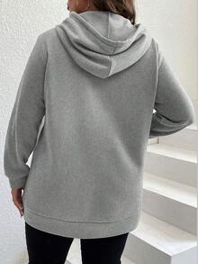 SHEIN LUNE 加大码字母印花口袋抽绳卫衣 - 灰色 - 查看 2