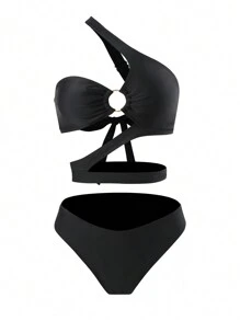 Swim SXY Summer Beach Bikini Set With Circular Ring Decorations & Hollow Out Details - Black - View 5