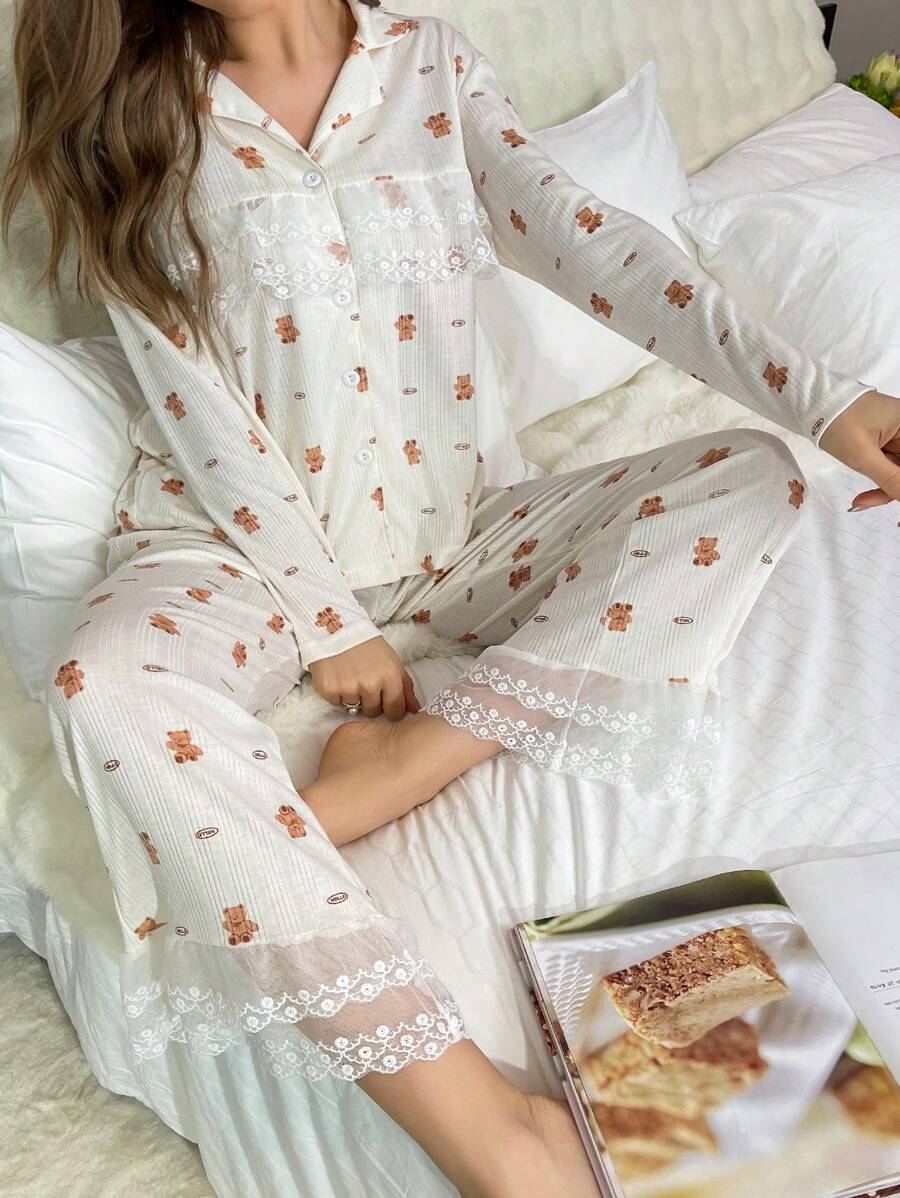 Của phụ nữ Ren Nối Bộ mặc nhà Với Dễ thương Họa tiết gấu - trắng - Xem 1