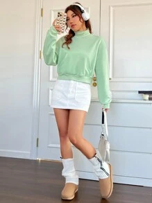 SHEIN EZwear Màu xanh lá Dệt kim Cổ cao Áo nỉ - màu xanh lá - Xem 6