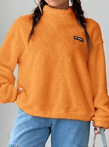 Muchica Của phụ nữ Huy hiệu Chi tiết Đứng cổ áo Thả vai Áo nỉ - trái cam - Xem 7