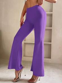 SHEIN PETITE Women's Solid Color Flared Pants - Purple - View 4