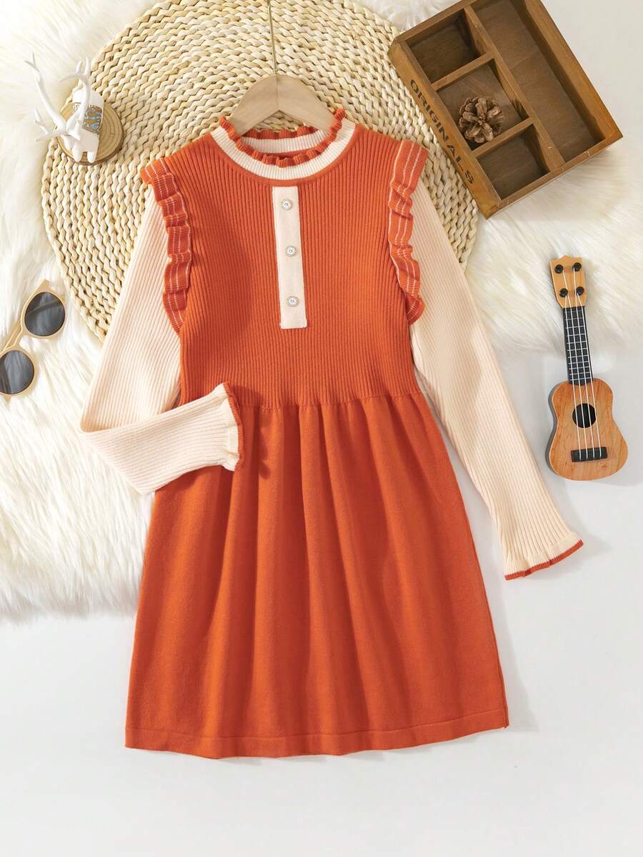 SHEIN Cô gái Tương phản Màu sắc Ruffled Hem Đầm - Nhiều màu - Xem 1