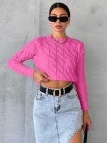 SHEIN Cottnline Solid Cable Knit Drop Shoulder Sweater - Pink - View 5