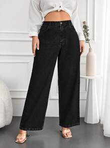 EURMUSE Plus Size  Solid Color Straight Leg Jeans - Black - View 1