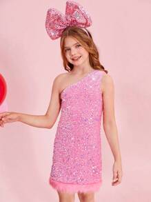 SHEIN Tween Girl Sequins Weave Asymmetrical Neck Sleeveless Dress With Slit