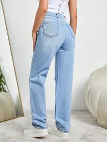 EURMUSE Damen Jeans Mit Geradem Bein Und Zerrissenem Stil, Mit Schrägen Taschen - Mittele Waschung - Übersicht 2
