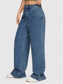 ROMWE Street Life Quần Jeans Nữ Dáng Thẳng Đơn Giản Màu Trơn Thêu Chữ Vine Phong Cách Đường Phố - Màu xanh lam - Xem 4