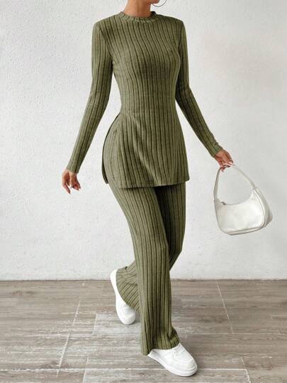 EMERY ROSE 單色肋紋針織t恤和寬腿褲套裝