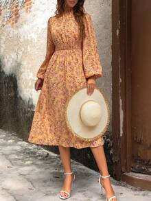 SHEIN LUNE 女款立領印花抽褶腰連身裙 - 彩色 - 查看 4