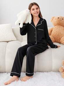 SHEIN Tween 女童针织纯色翻领宽松上衣和阔腿裤家居服套装 - 黑色 - 查看 5