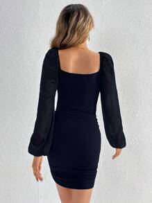 SHEIN Tall Contrast Mesh Lantern Sleeve Ruched Side Bodycon Dress - Navy Blue - View 2