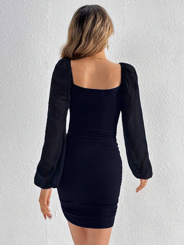 tall contrast mesh lantern sleeve ruched bodycon dress exarus girls ruched bodycon dress teens mesh lantern sleeve
