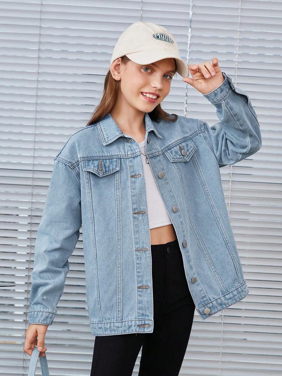 SHEIN 補間女孩休閒牛仔夾克 - 淺藍色 - 查看 1