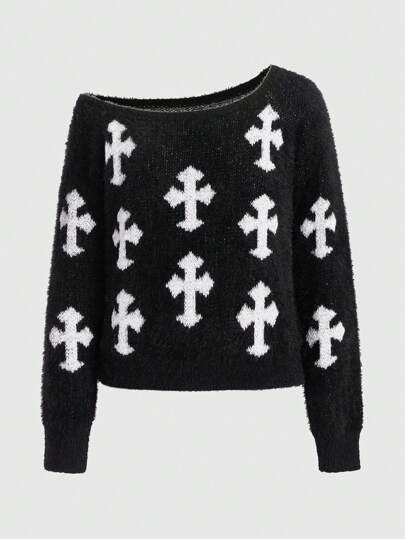 Goth Damen Pullover Mit Drop Shoulder Und Kreuz-muster
