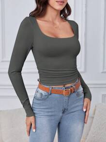 SHEIN Tall 女士方領長袖t恤 - 深灰色 - 查看 5